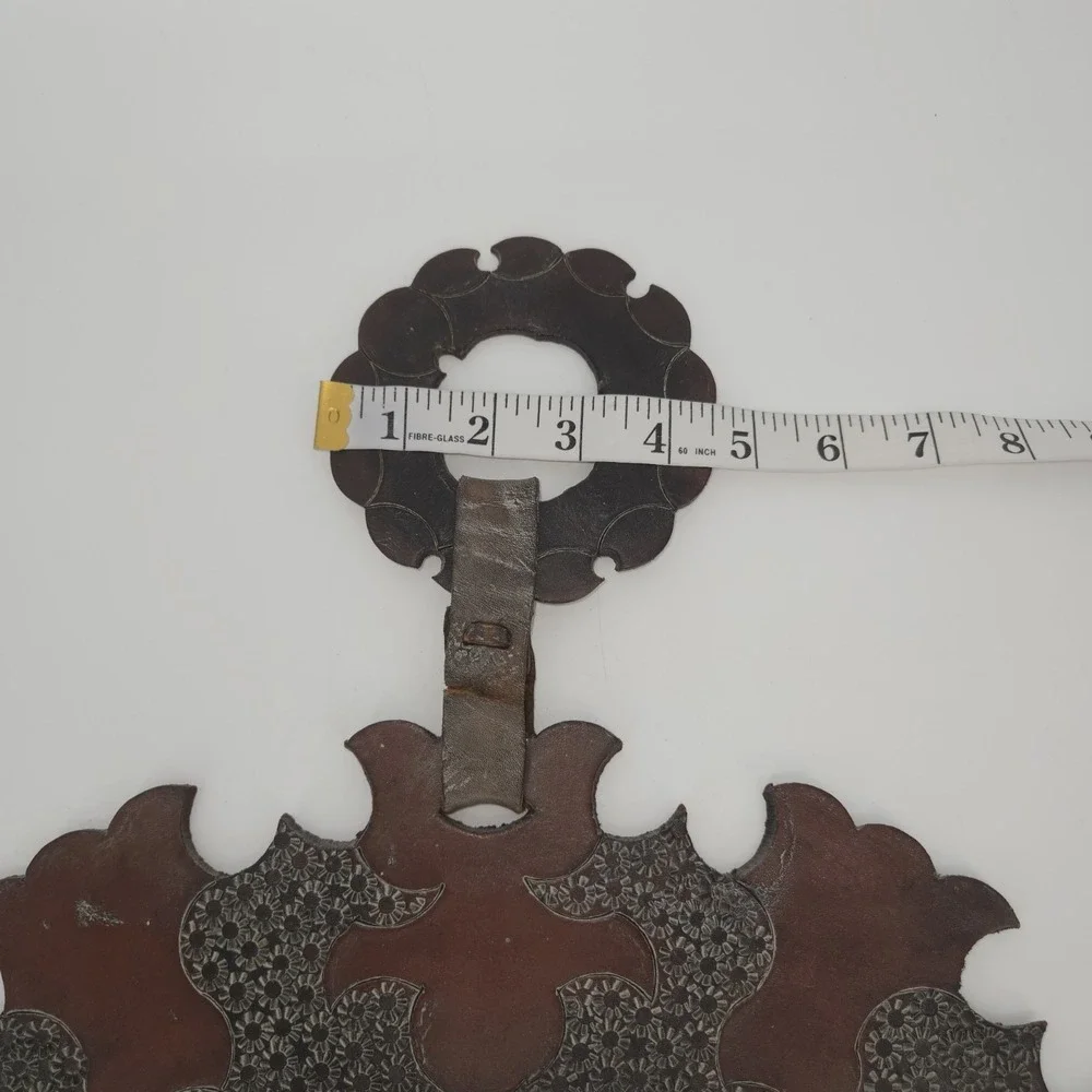 Tooled Leather Round Wall Mirror Floral Boho Moroccan Folk Art Decor Vintage